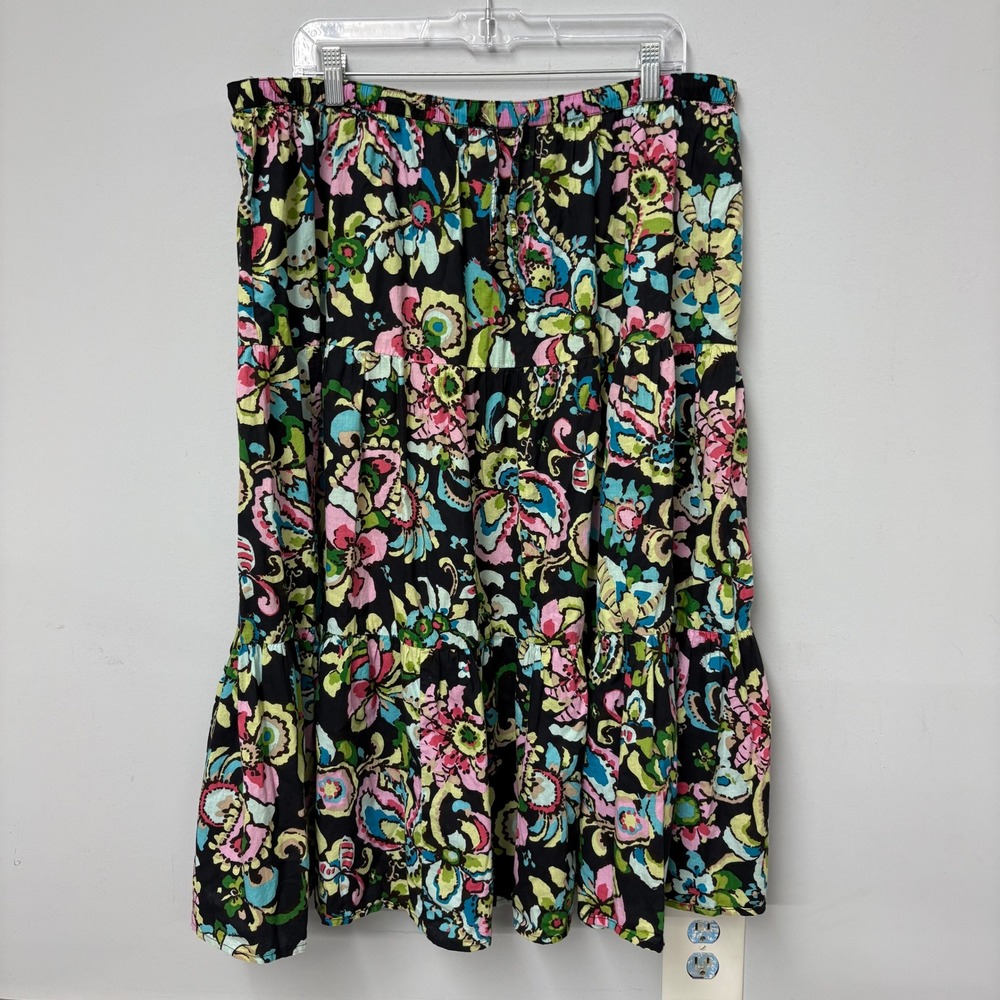 Vtg 90s Womens L 12/14‎ Black Floral Paisley Tiered Cotton Midi Skirt Peasant